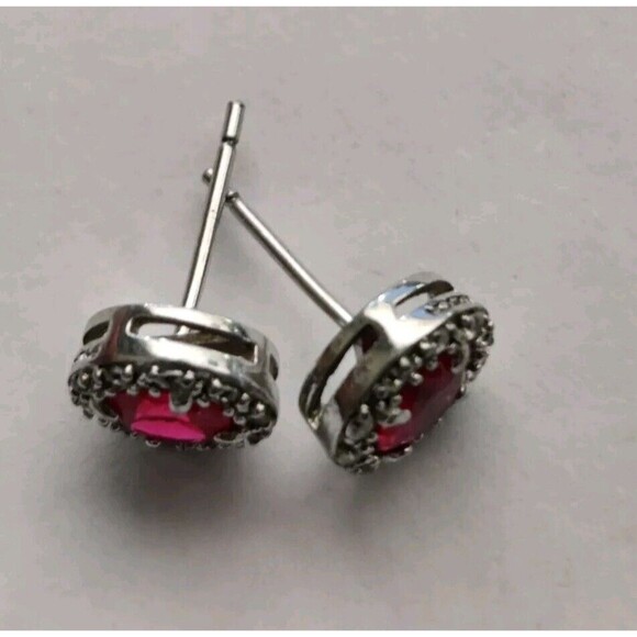 Round Lab Created Ruby Halo Stud Earrings 925 Sterling Silver No Backs - Picture 3 of 5
